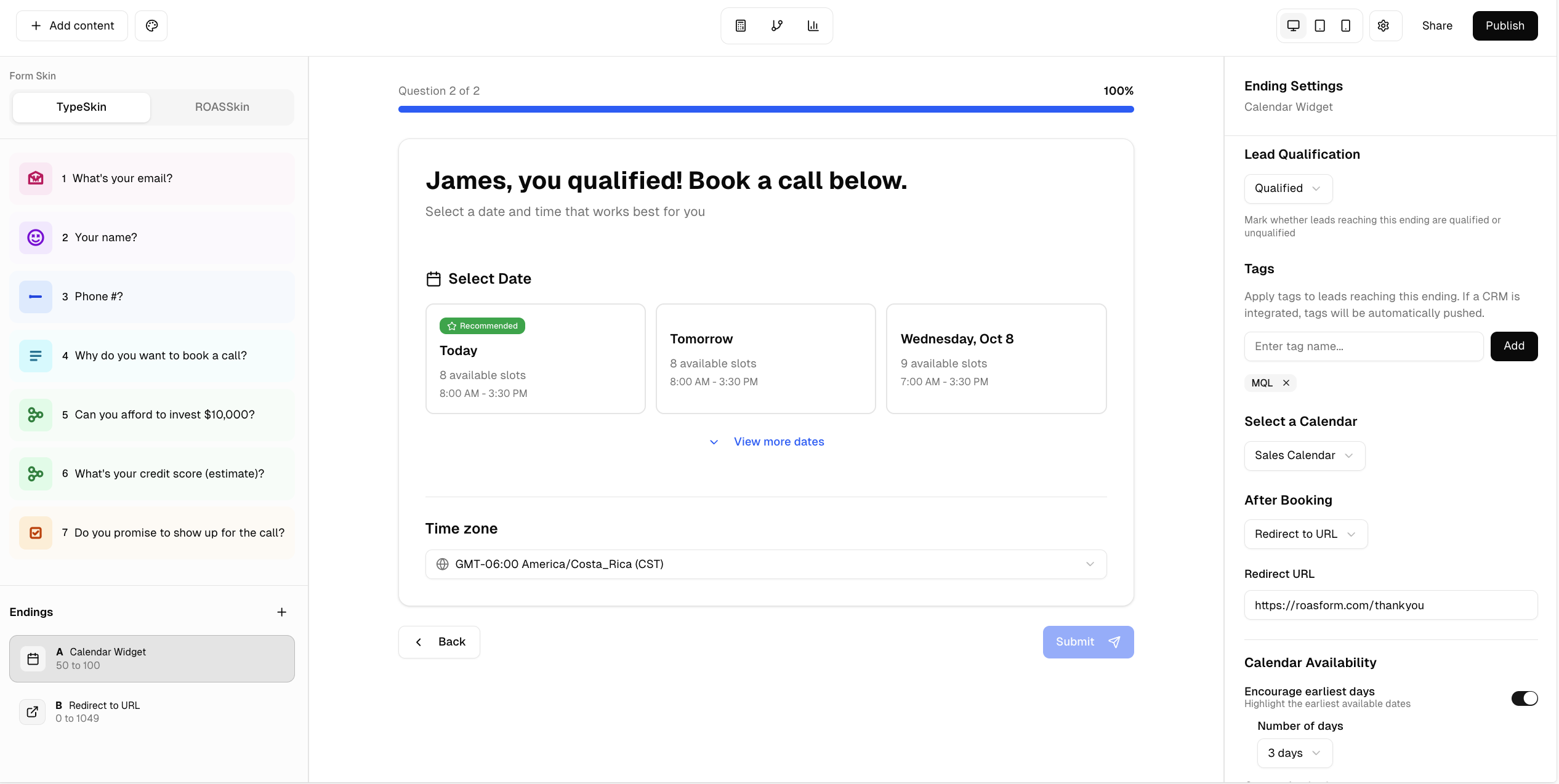 ROASForm Dashboard Preview - Form Builder with Calendar Integration